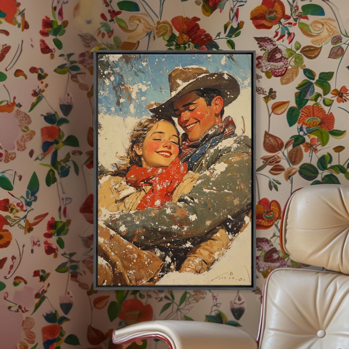 Snowy Couple Embrace Retro Christmas Art Print - Image 2