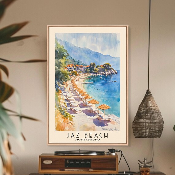 Jaz Beach Montenegro Orange Umbrellas Sandy Shore Mountain Watercolor Poster