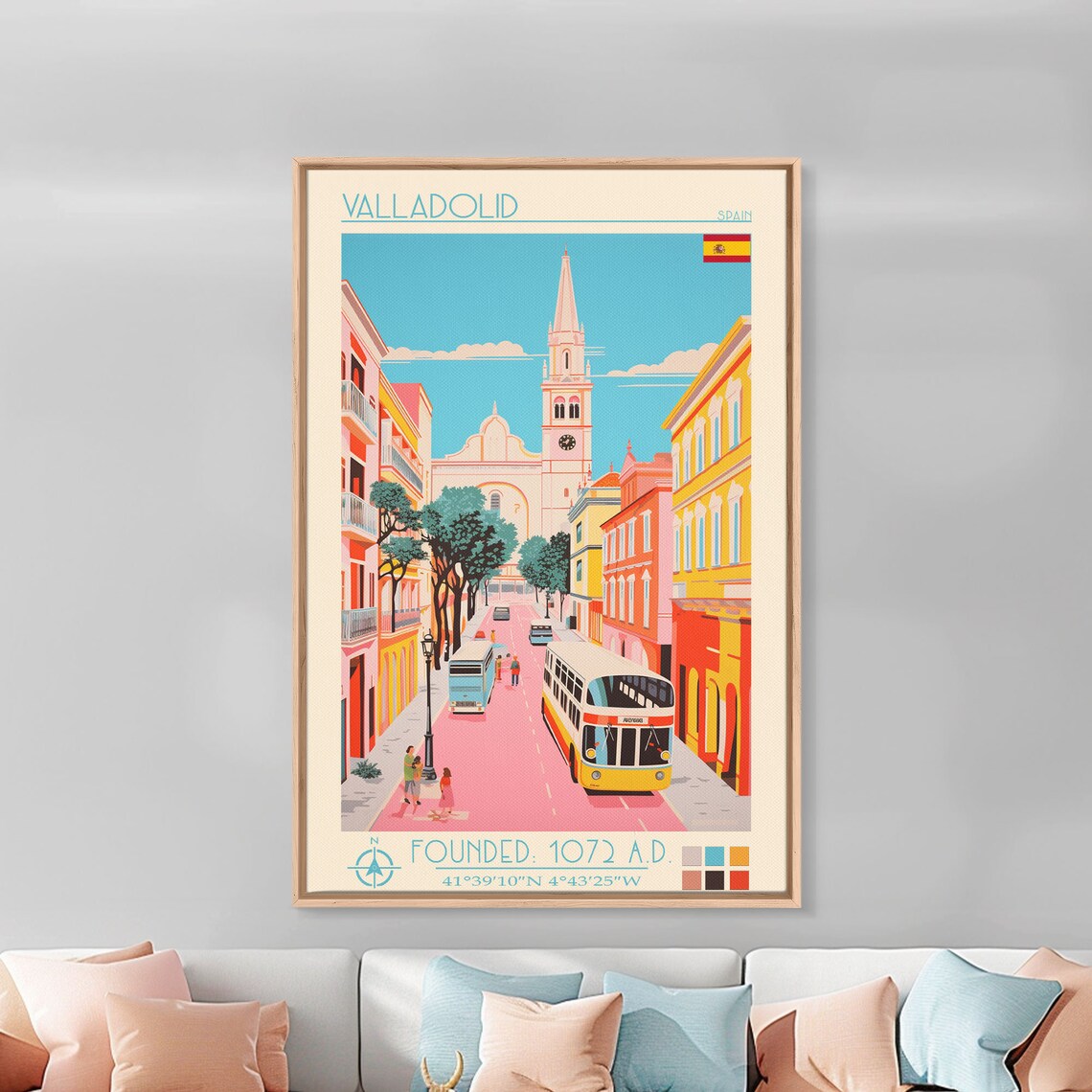 Valladolid Spain Cathedral Street With Vintage Buses Travel Poster - Image 4