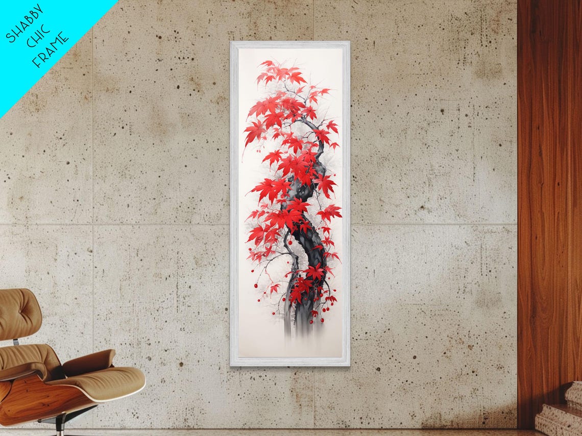 Red Japanese Maple Leaves On Twisted Trunk Ink Style Wall Art - Image 6