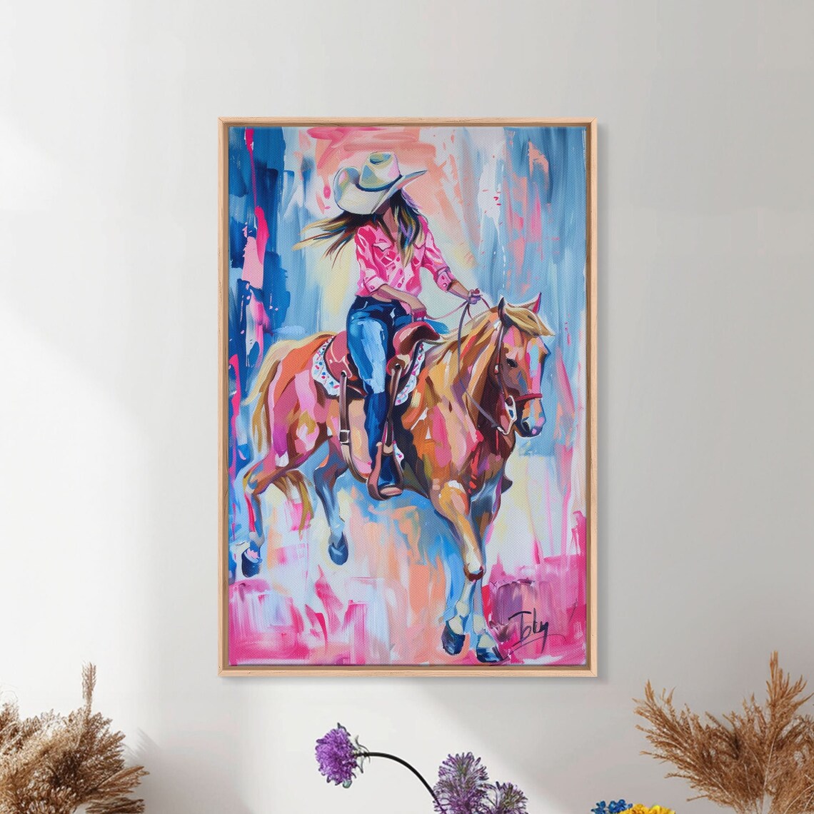 Stylish Cowgirl Riding Horse, Colorful Western Art Print