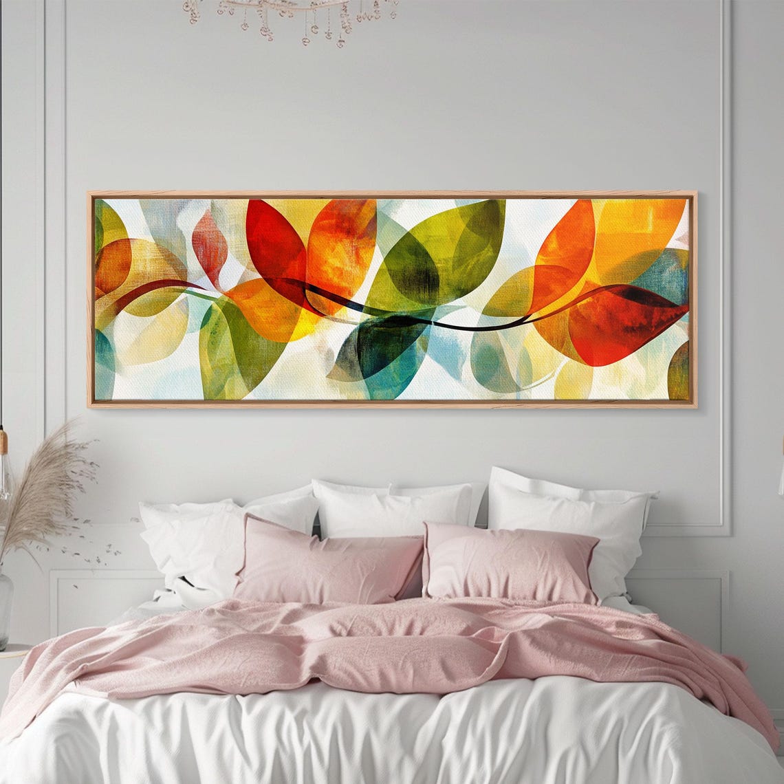 Abstract Floral Leaves Watercolor Red Orange Green Modern Wall Art - Image 3