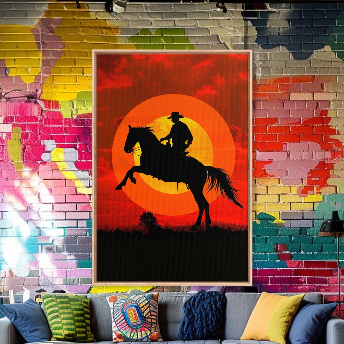 Cowboy Silhouette On Horseback Giant Sunset Western Wall Art