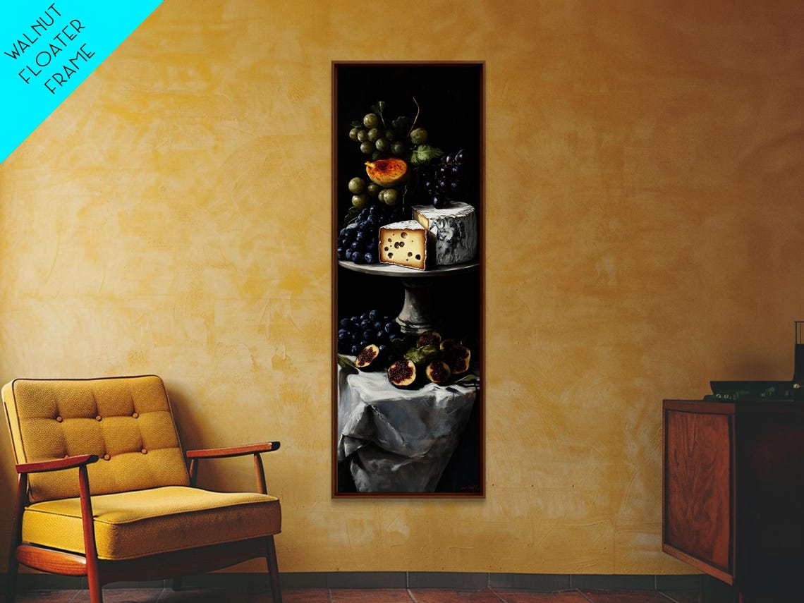 Cheese Grapes and Figs Still Life Dark Baroque Style Art Print - Image 3
