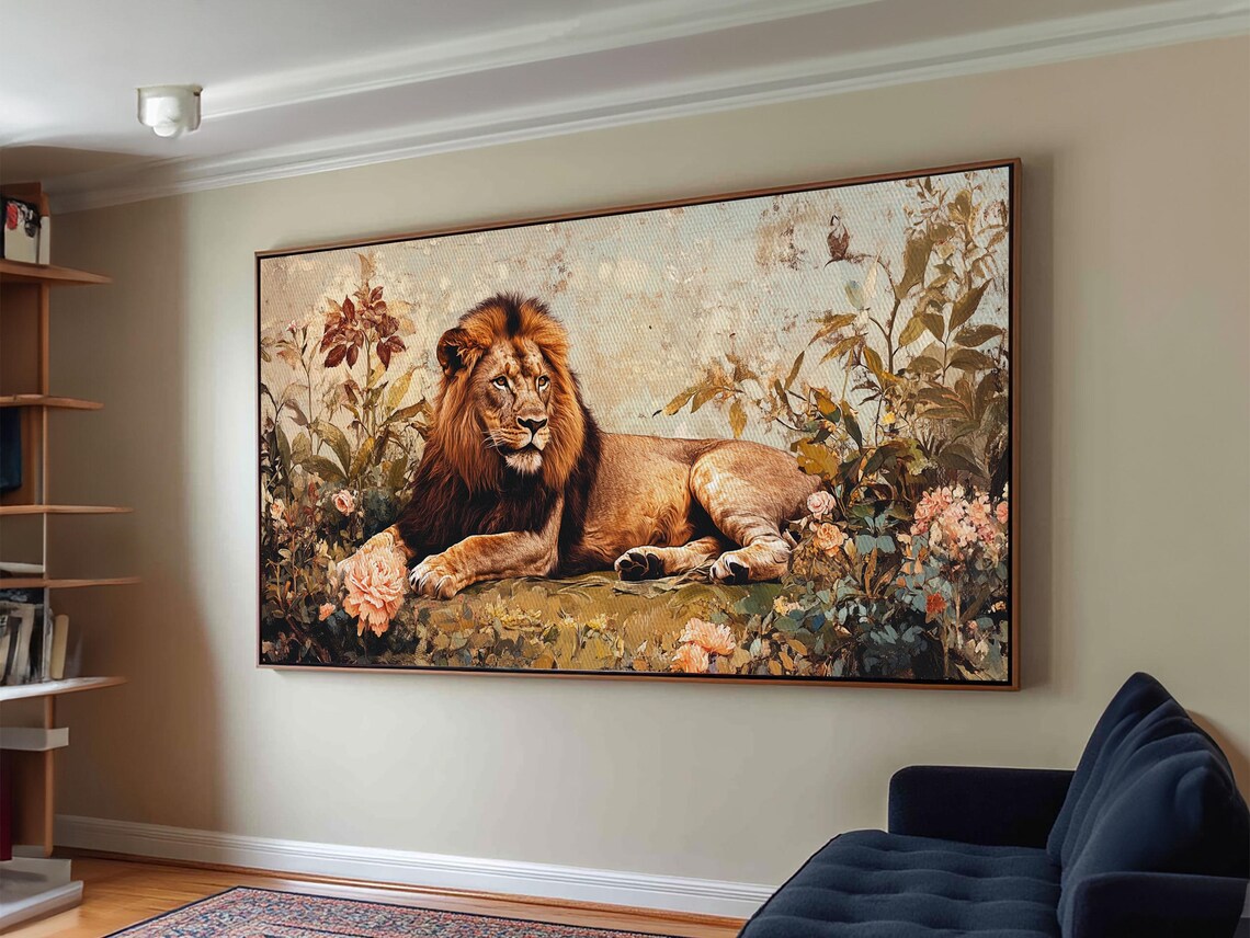 Regal Lion Reclining In Wildflowers Vintage Safari Wildlife Wall Art Print