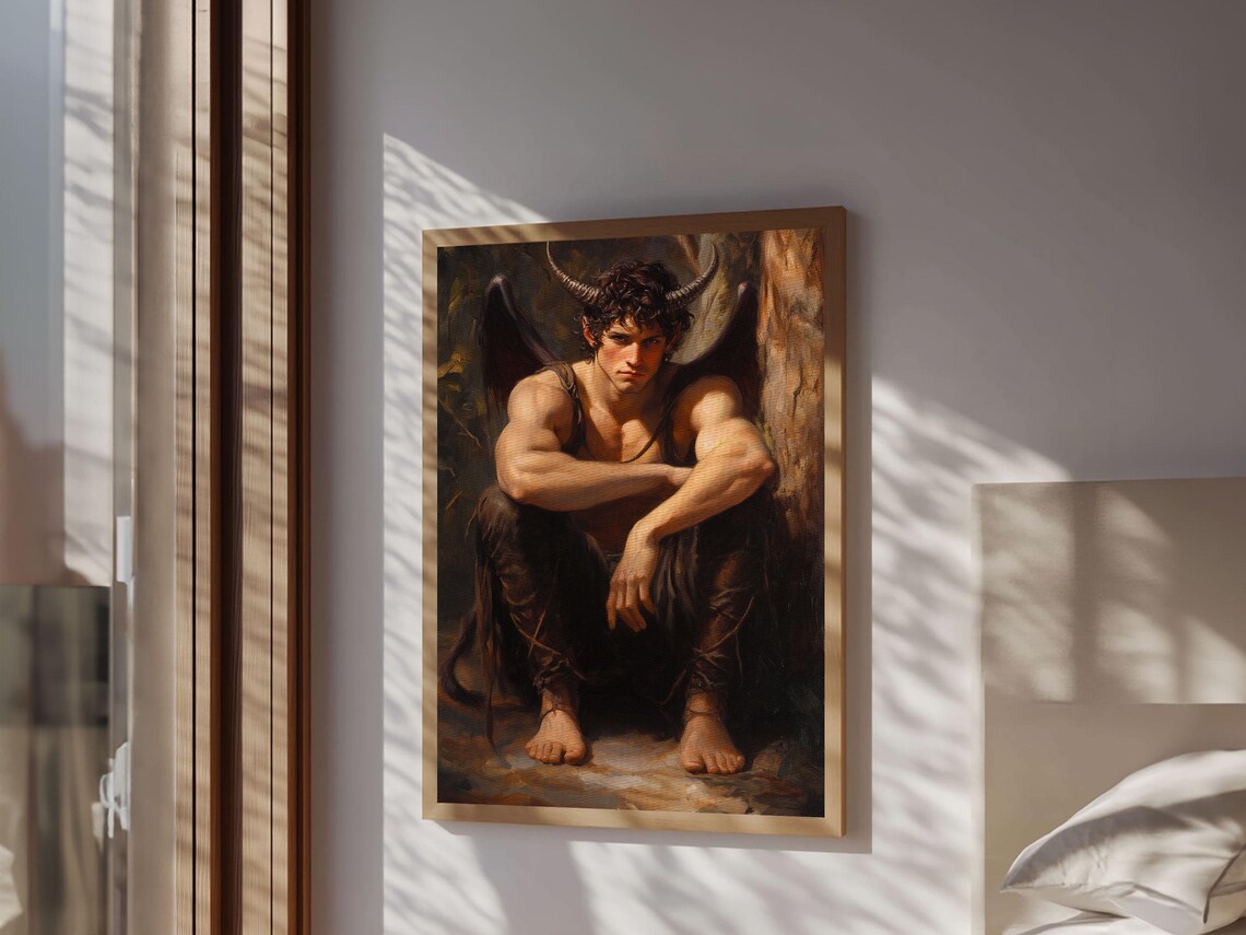 Satyr Young Horned Man Crouching Dark Mythology Classical Oil Art Poster - Image 5