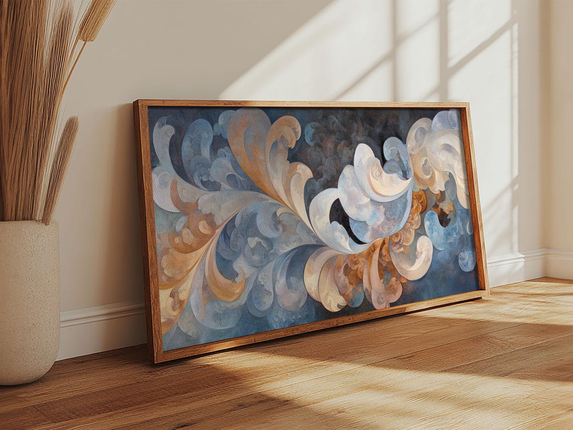 Swirling Blue Orange Print Geometric Wall Art Nautical Rustic Decor Moody Abstract Artwork Idea Horizontal Living Room Design - Image 4