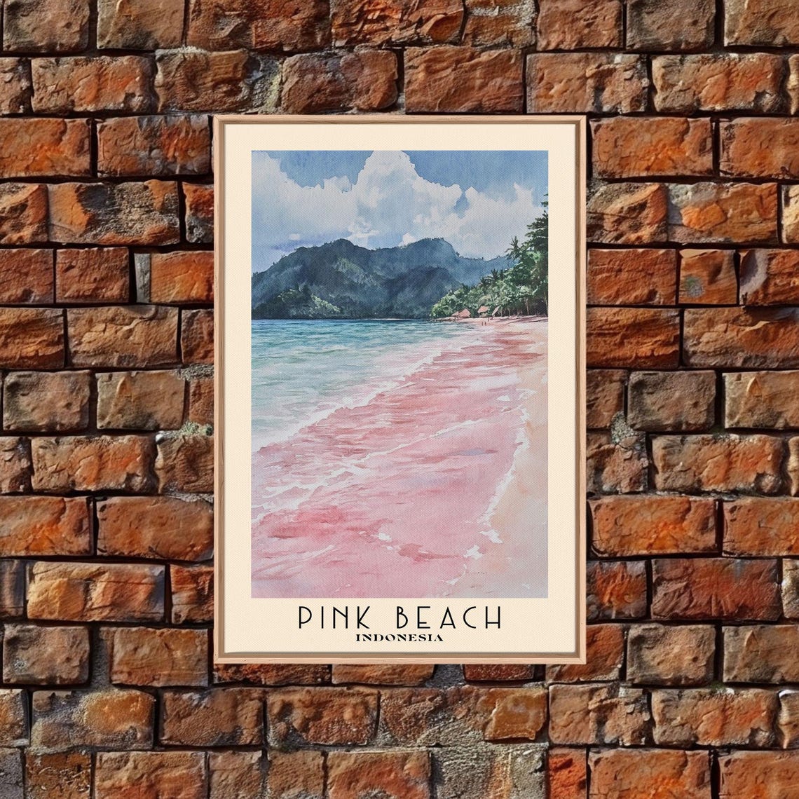 Pink Beach Indonesia Blush Sand Shore Green Hills Cloud Sky Poster - Image 4