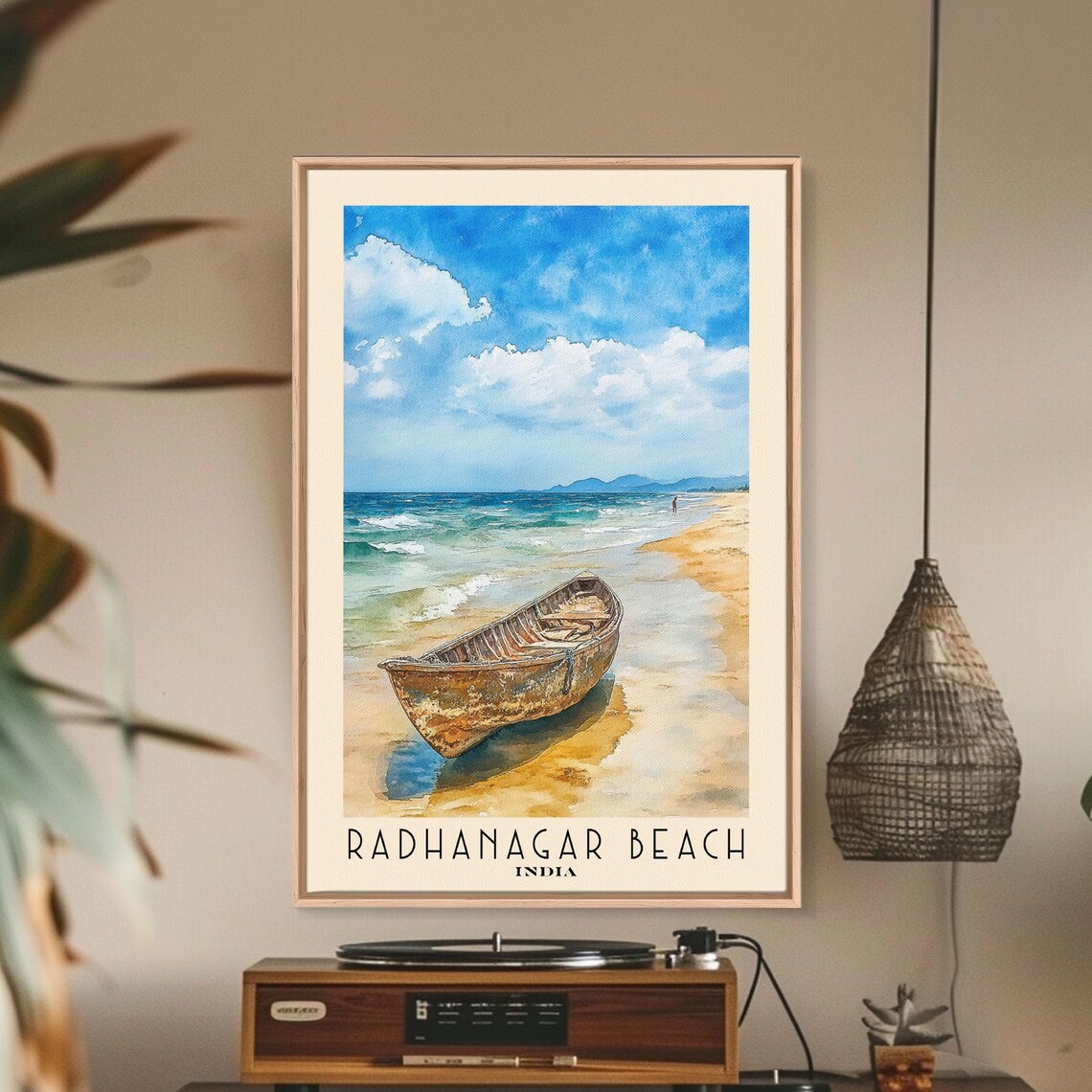 Radhanagar Beach India Weathered Wooden Boat Sandy Beach Blue Sea Watercolor Poster - Image 2