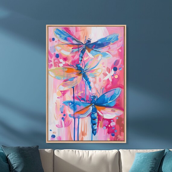 Abstract Dragonfly Trio In Vibrant Colors Framed Print Colorful Nature Art Living Room Decor Bedroom Wall Art