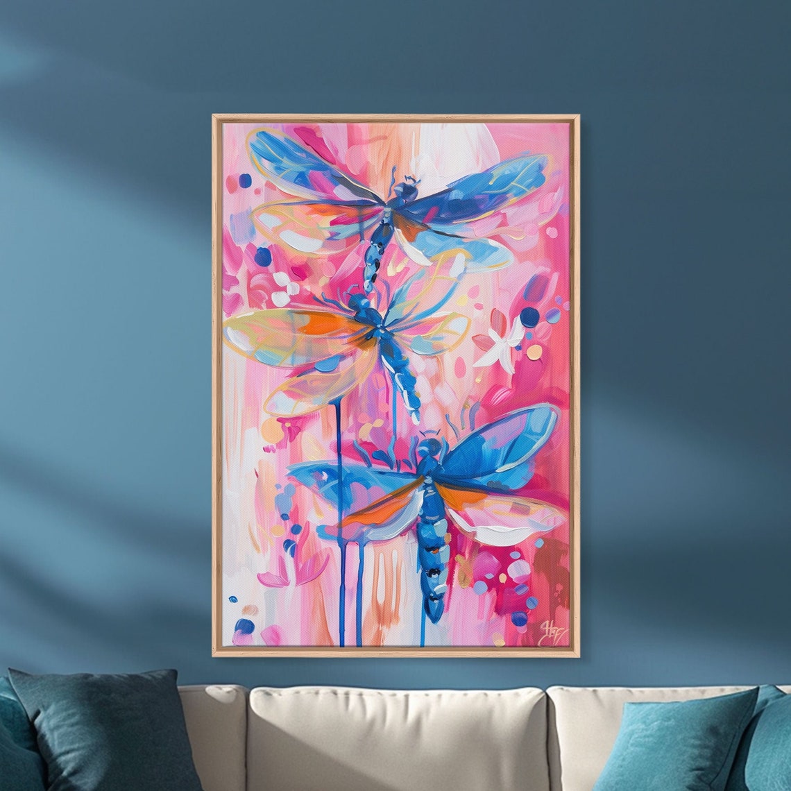 Trio Of Vivid Blue Dragonflies On Pink Abstract Nature Art Poster