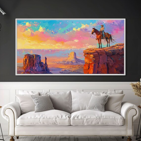 Cowboy Overlooking Monument Valley Farmhouse Style Framed Print For Bedroom Wall Art Rustic Home Decor Scenic Western Landscape
