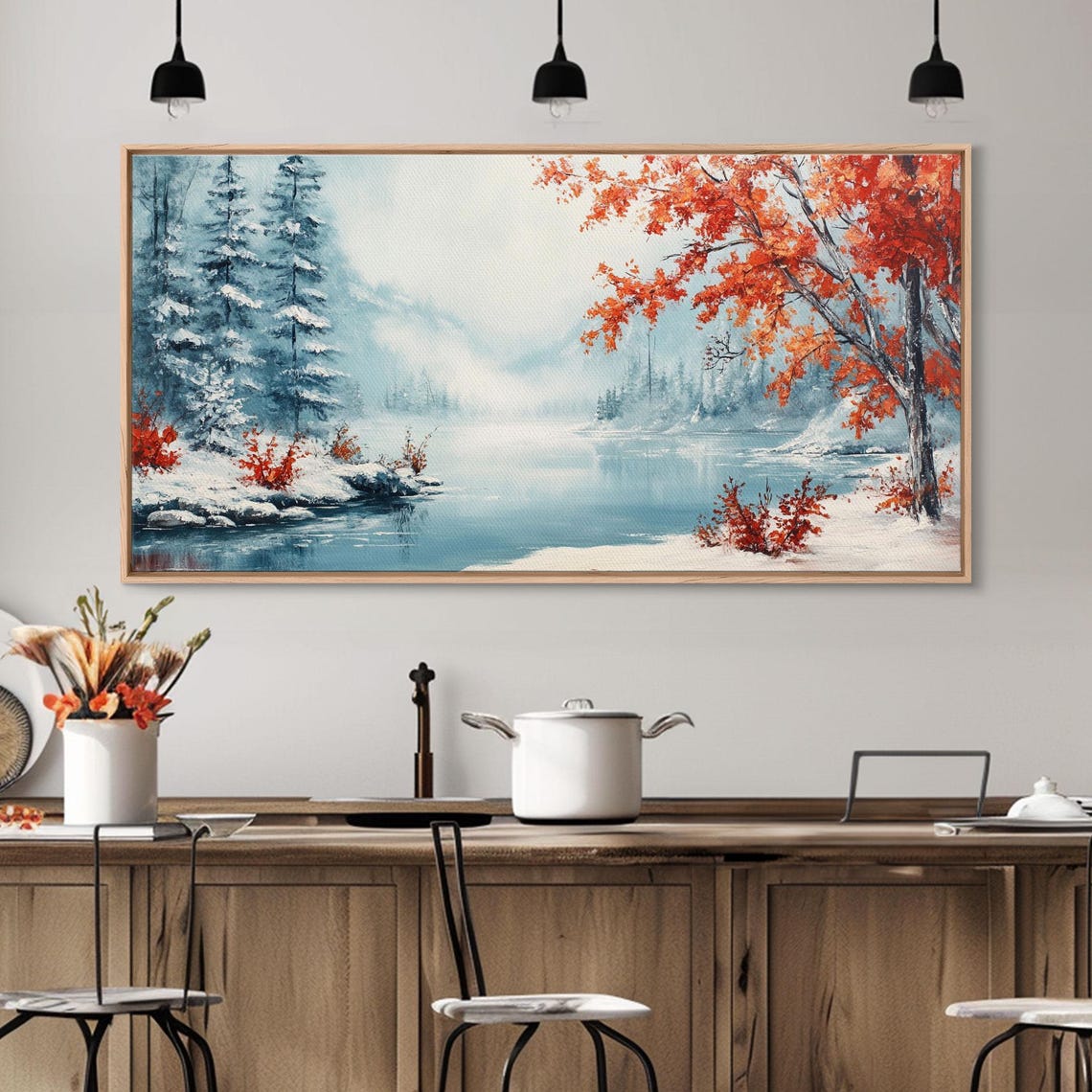 Winter Lake Snowy Pines Red Autumn Tree Icy Shoreline Landscape Poster - Image 6