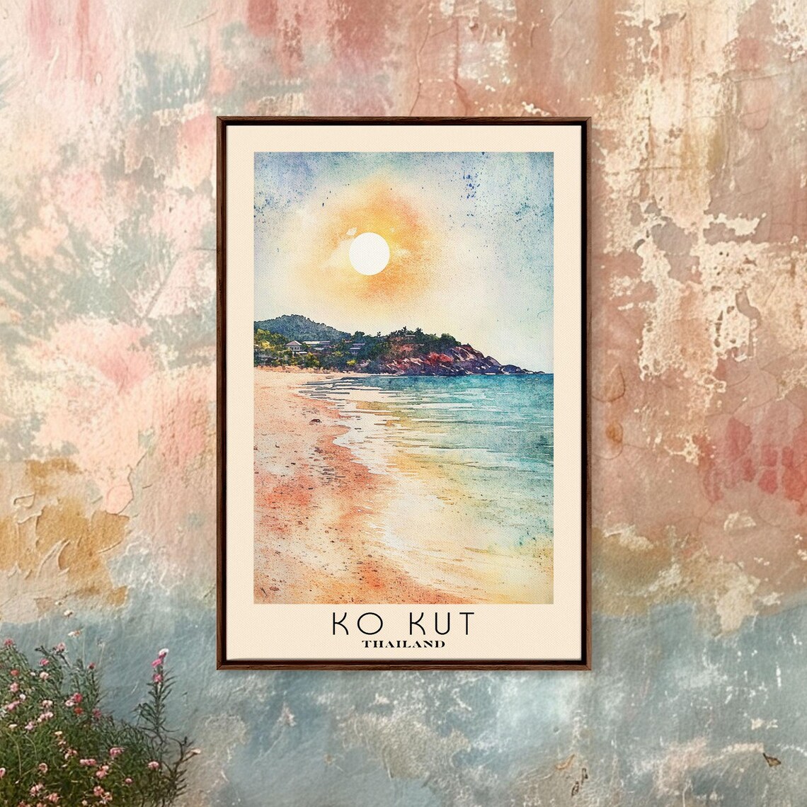 Ko Kut Thailand Sunset Beach Headland Orange Sun Watercolor Wall Poster - Image 4