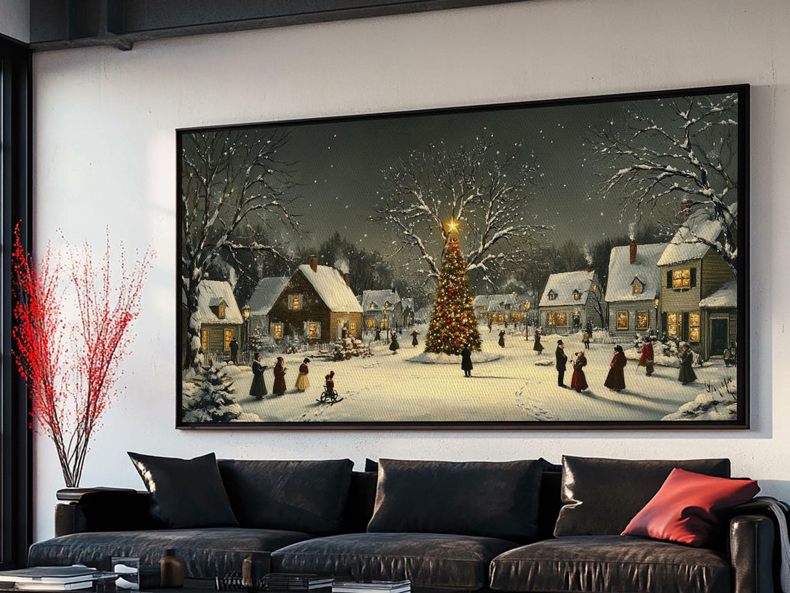 Snowy Christmas Village Square Night Gathering Lit Tree Art Print - Image 6