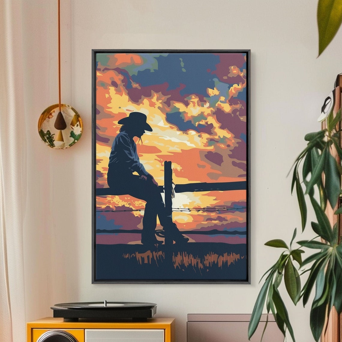 Cowboy Silhouette Fence Sunset Colorful Western Pop Art Poster - Image 2