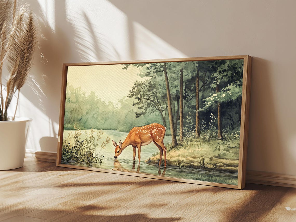 Deer Drinking At Forest Lake Misty Woods Watercolor Painting Print - Image 2