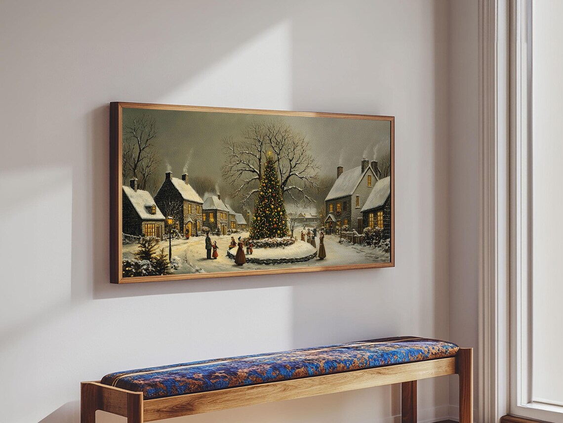 Cozy Christmas Village Framed Print Wood Framed Christmas Art Cottage Core Christmas Village Oil Painting Print Ready To Hang - Image 6