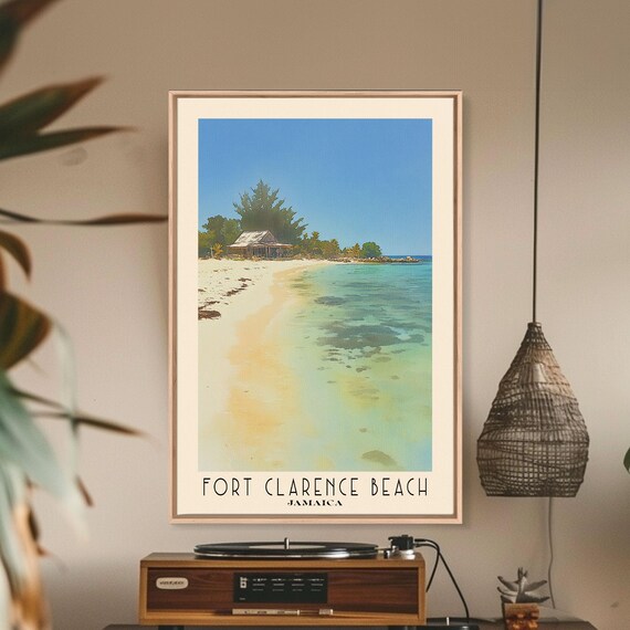 Fort Clarence Beach Jamaica White Sand Turquoise Shallows Beach Hut Watercolor Poster