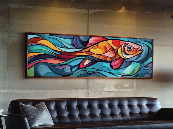 Abstract Goldfish Flow Framed Print Whimsical Wall Art Colorful Art Teal Painting Gift Idea Skinny Wall Art Bedroom Decor