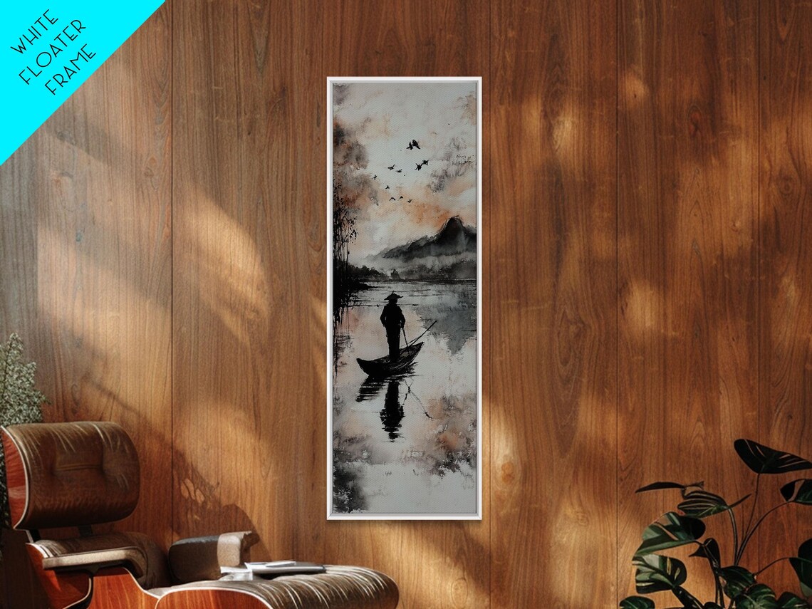 Misty Lake Fisherman in Boat Ink Wash Mountains Birds Wall Art - Image 2