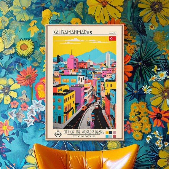 Kahramanmaras Turkey Travel Poster Framed Print Midcentury Modern Art Pop Art Wall Decor Scenic Living Room Art Bedroom Gift