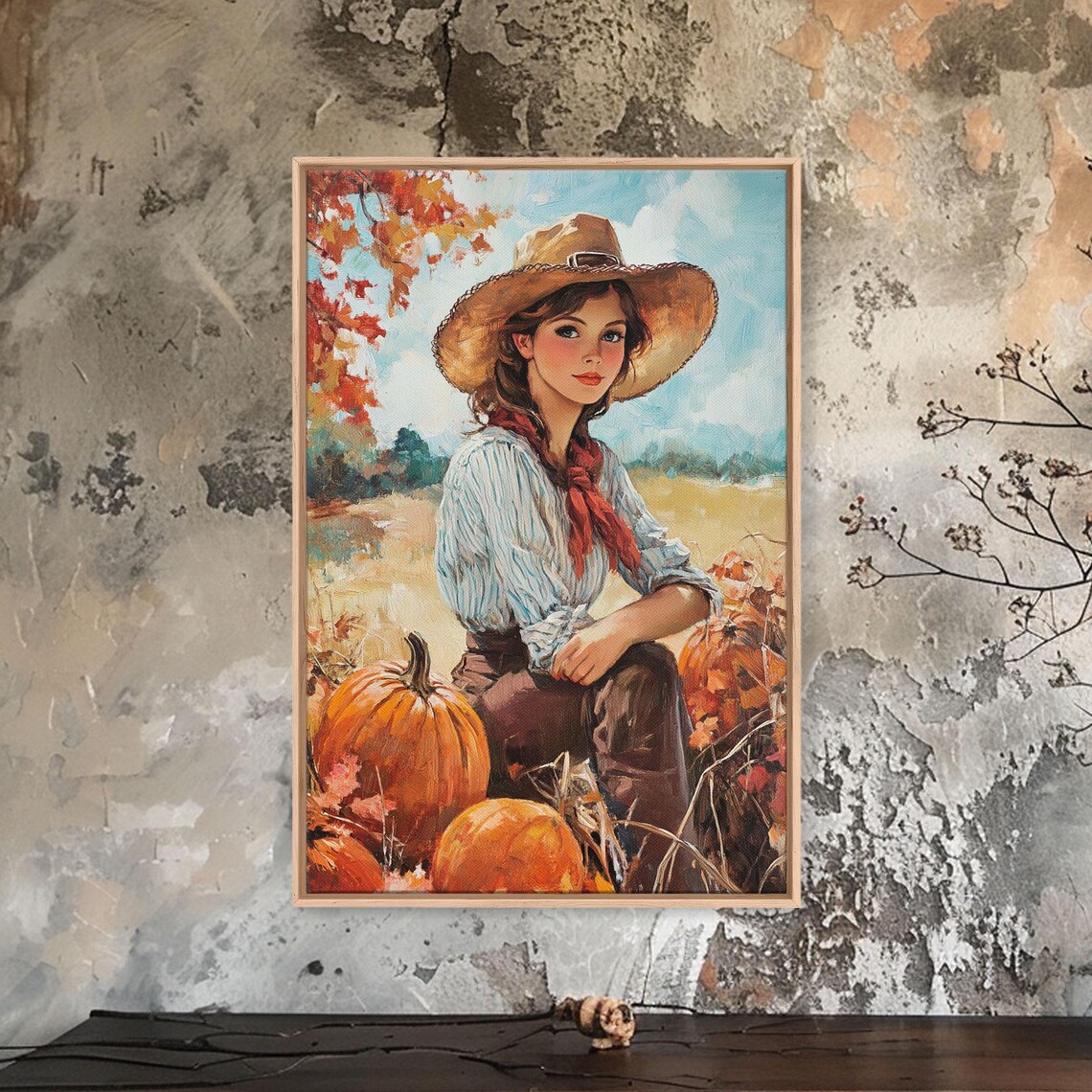 Country Girl With Pumpkins Fall Harvest Rustic Farmhouse Autumn Scene Poster - Image 3
