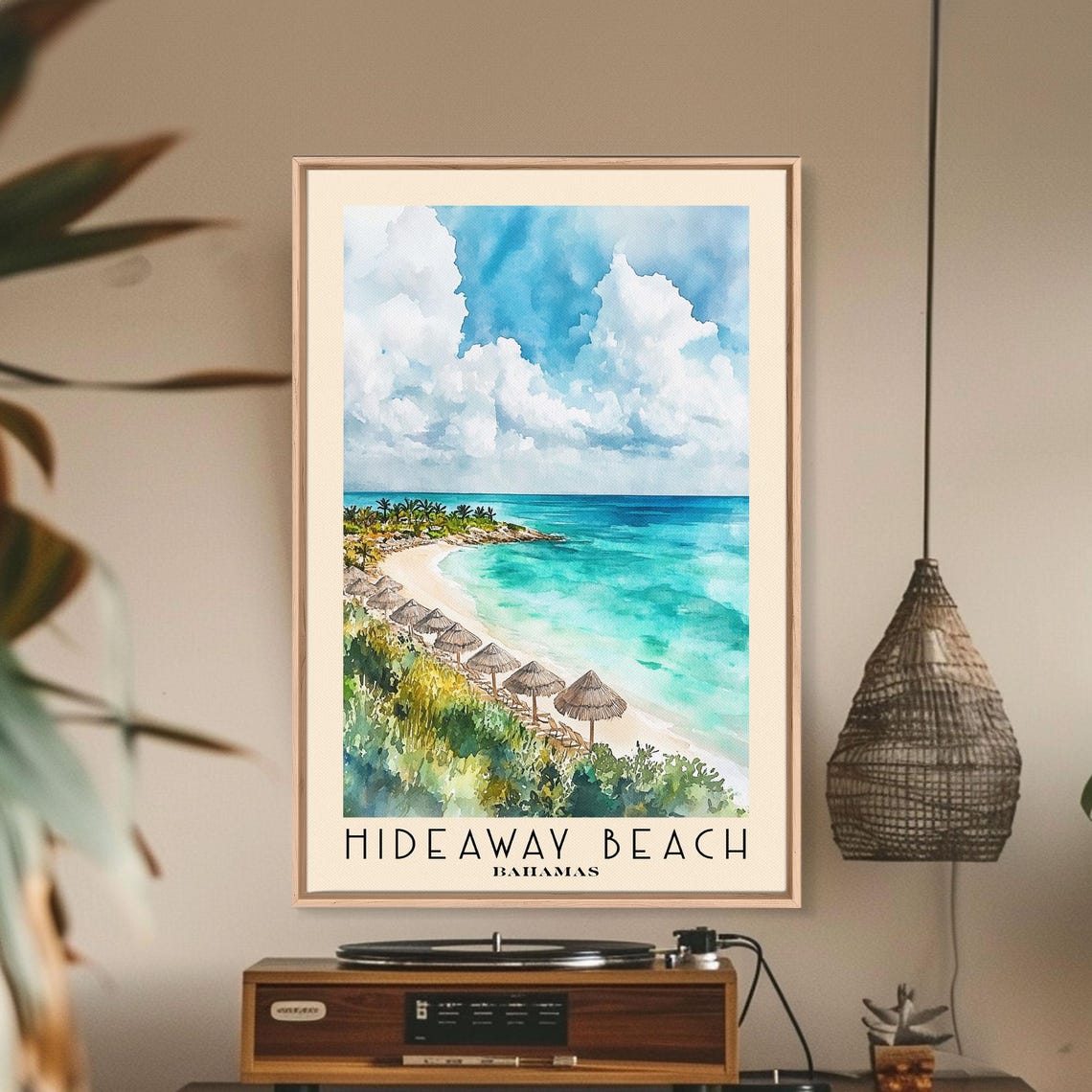 Hideaway Beach Bahamas Turquoise Bay Thatched Umbrellas Travel Poster