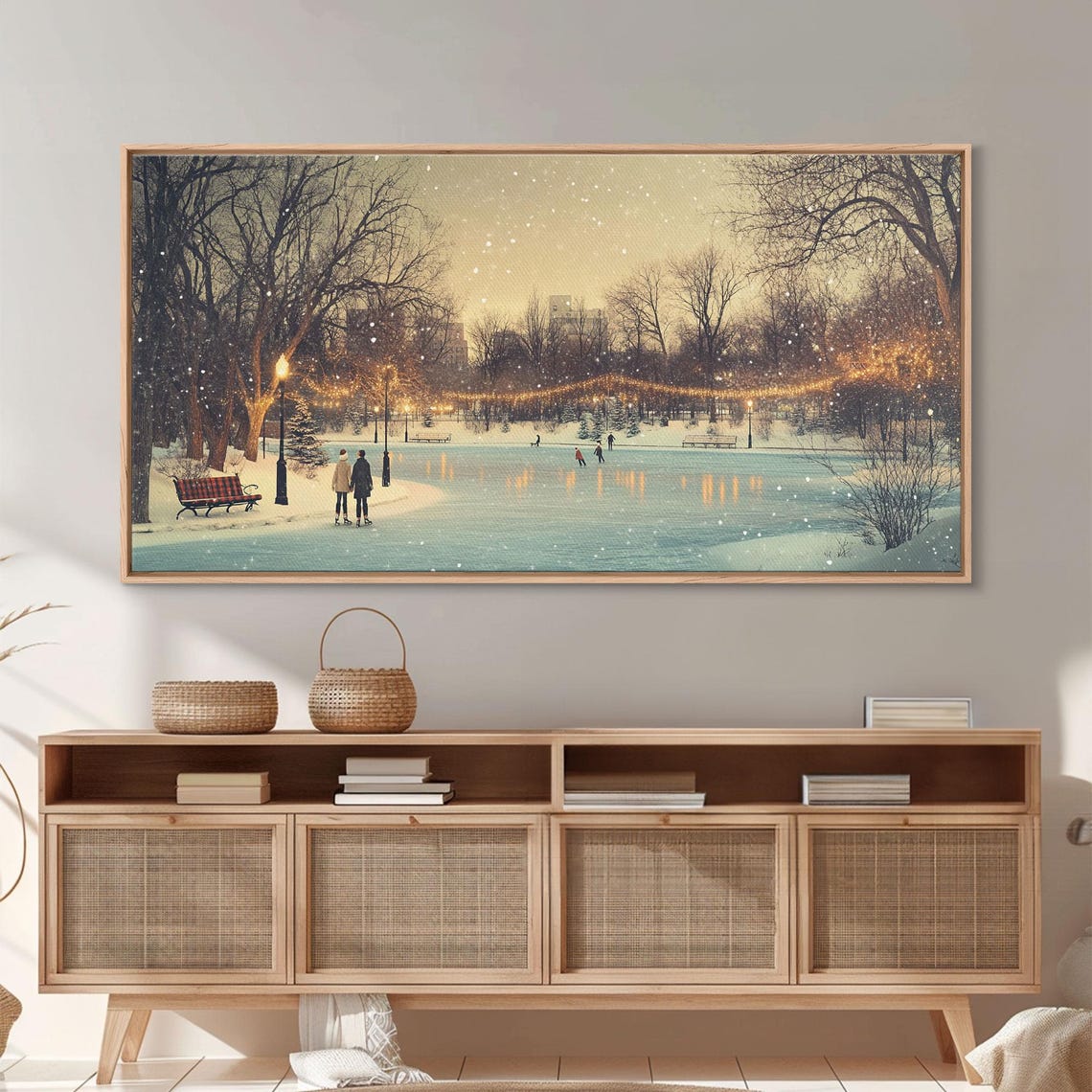 Winter Ice Skating Park Scene With Glowing String Lights Art Print - Image 2