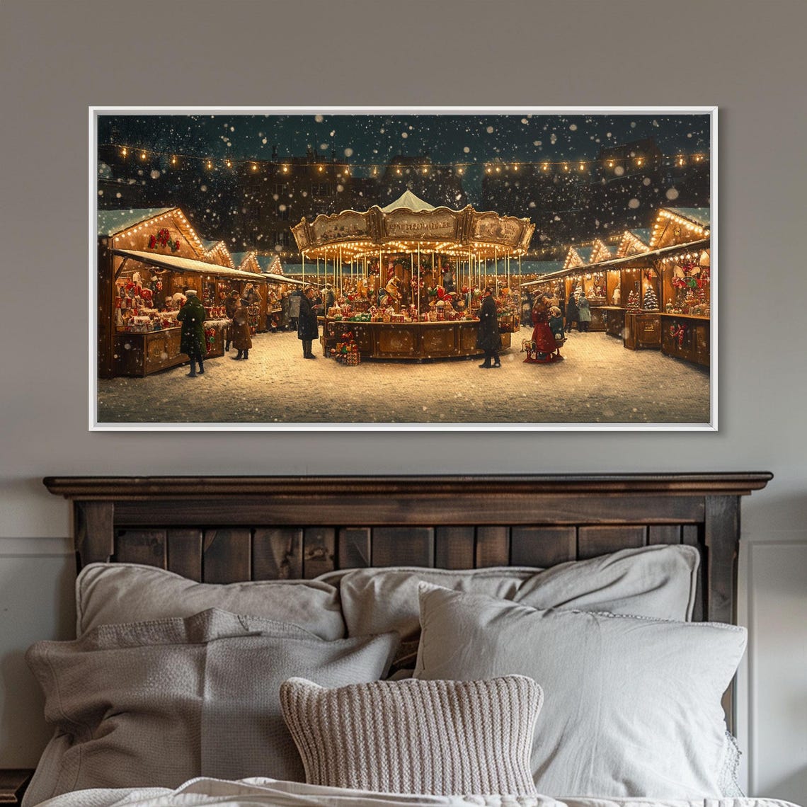 Night Christmas Market Carousel Snow String Lights Festive Poster - Image 3