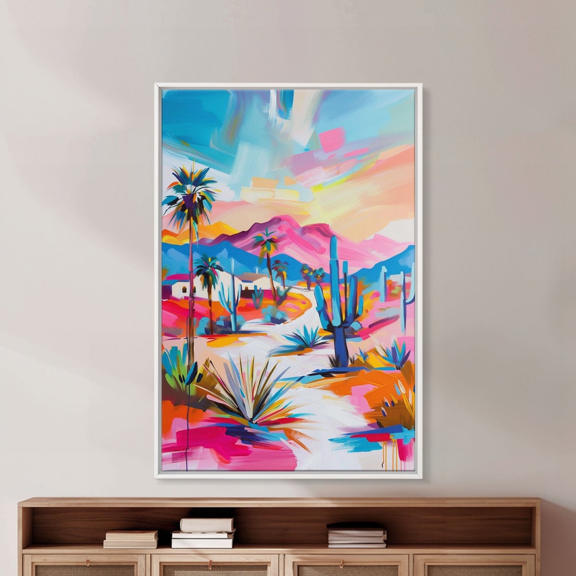 Desert Pathway Palms Cacti Mountains Colorful Southwest Art Poster - Image 2
