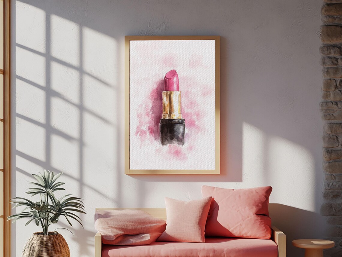 Pink Lipstick In Black And Gold Tube Watercolor Beauty Wall Art Print - Image 6