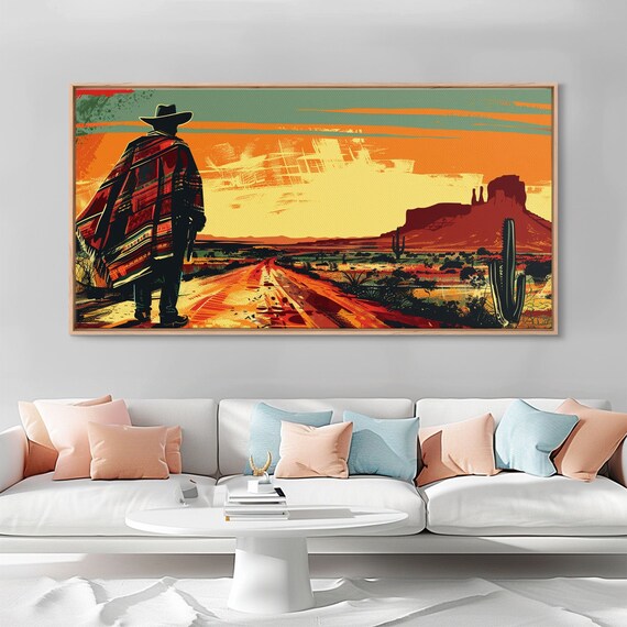 Abstract Cowboy In Desert Sunset Scene Boho Bedroom Art Framed Print Modern Living Room Decoration Rustic Wall Art