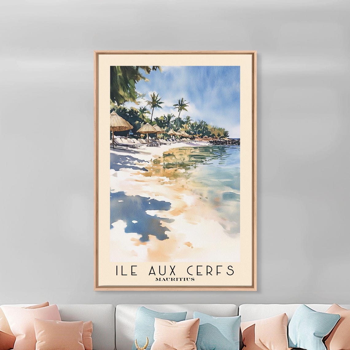 Ile aux Cerfs Mauritius Palm Beach Umbrellas Watercolor Island Poster - Image 3