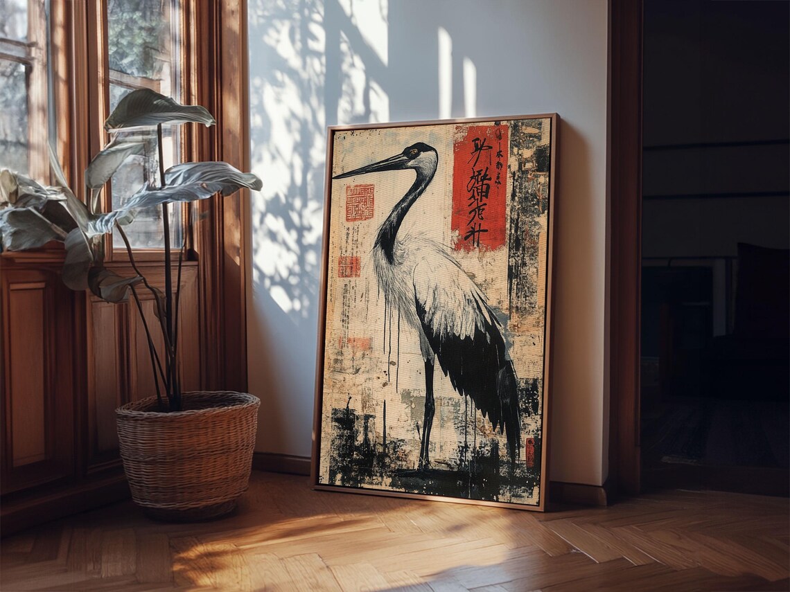 Japanese Red Crowned Crane Ink Painting Vintage Asian Bird Poster - Image 5