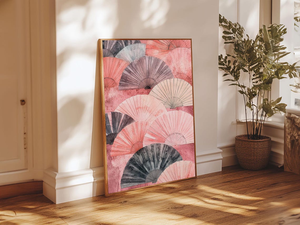 Pink Floral Folding Fans Japanese Chinoiserie Elegant Decor Wall Art - Image 5