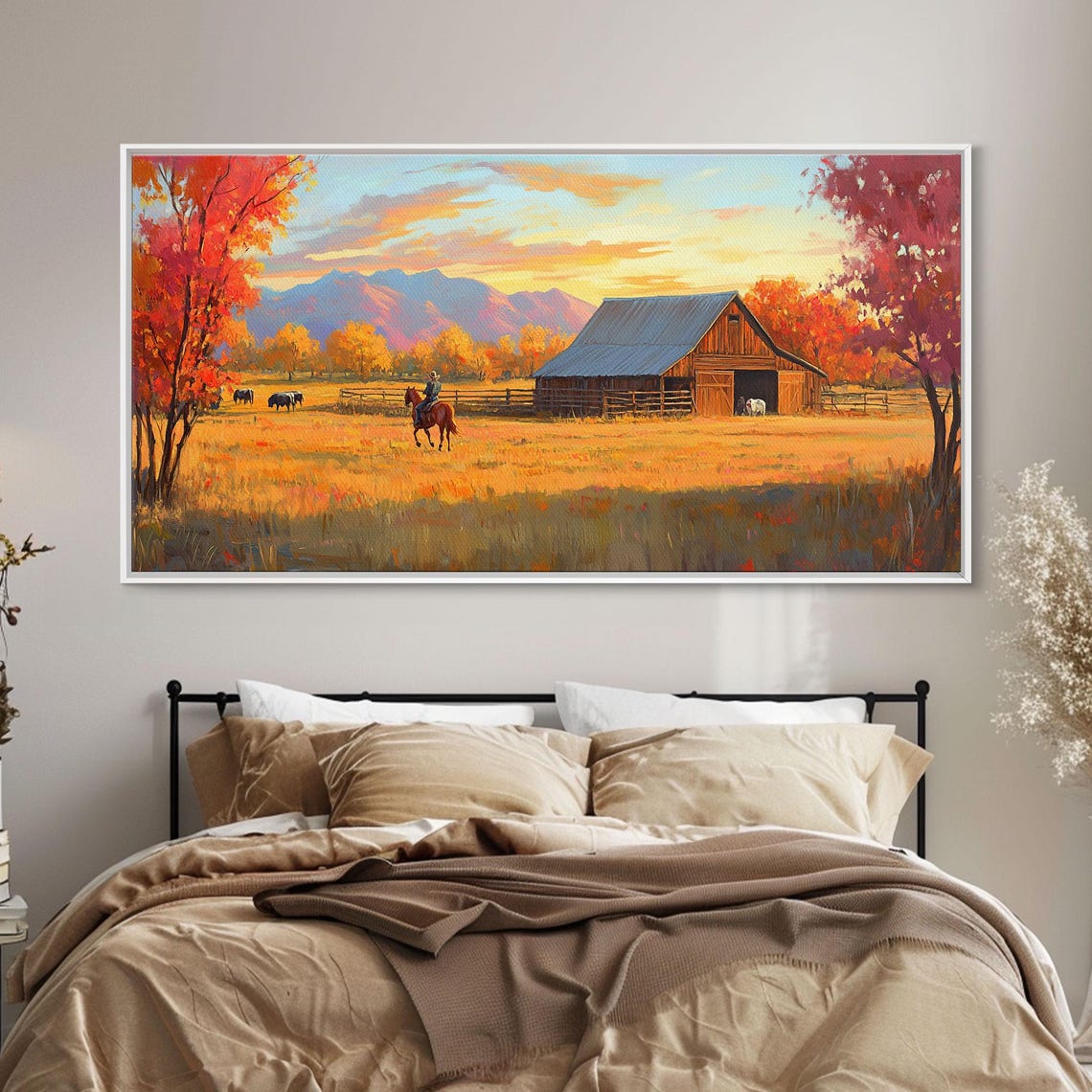 Autumn Cowboy Farm Barn Horses Sunset Mountains Landscape Poster - Image 5
