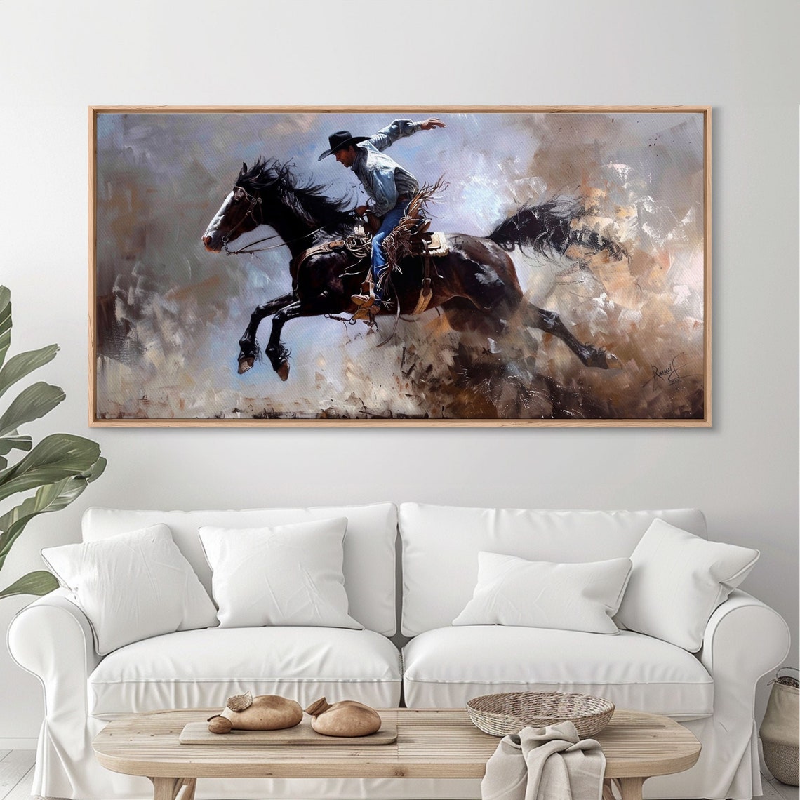Cowboy Riding Rearing Dark Horse Dust Cloud Dynamic Western Action Art - Image 2