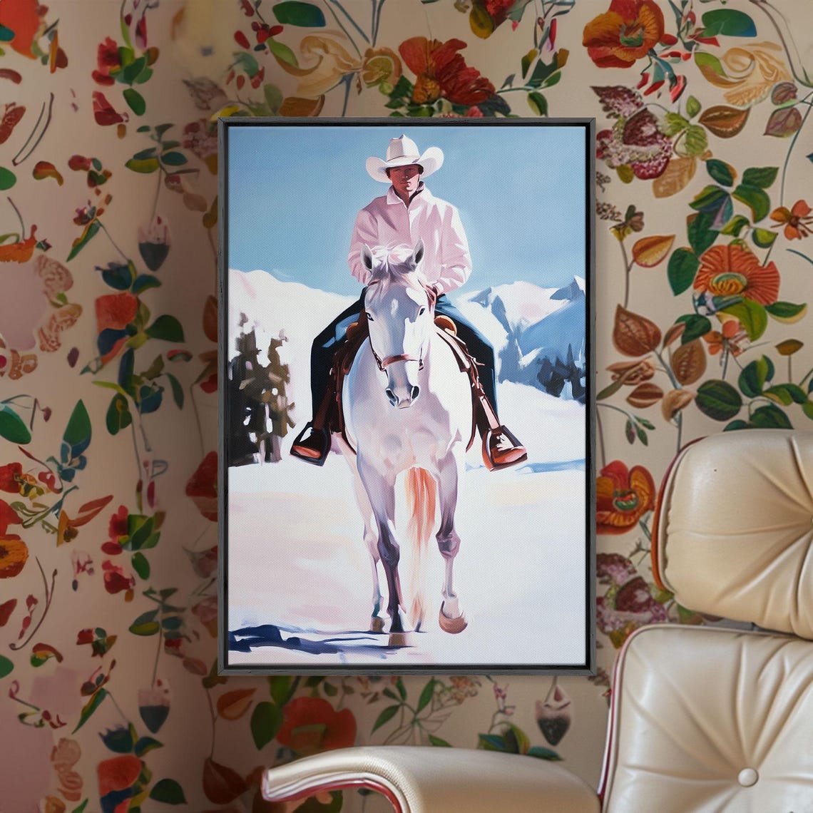 Lone Cowboy On White Horse In Snowy Landscape Print Winter Christmas Art Seasonal Wall Art Vintage Christmas Moody Landscape Gift - Image 5