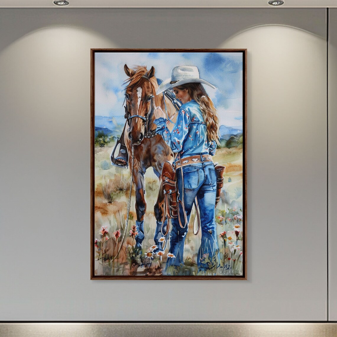 Cowgirl Standing Beside Horse In Wildflower Field Art Poster - Image 4