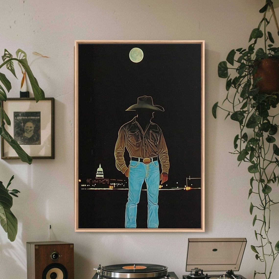 Cowboy Under Full Moon At Night With City Skyline Lights Art Poster - Image 5