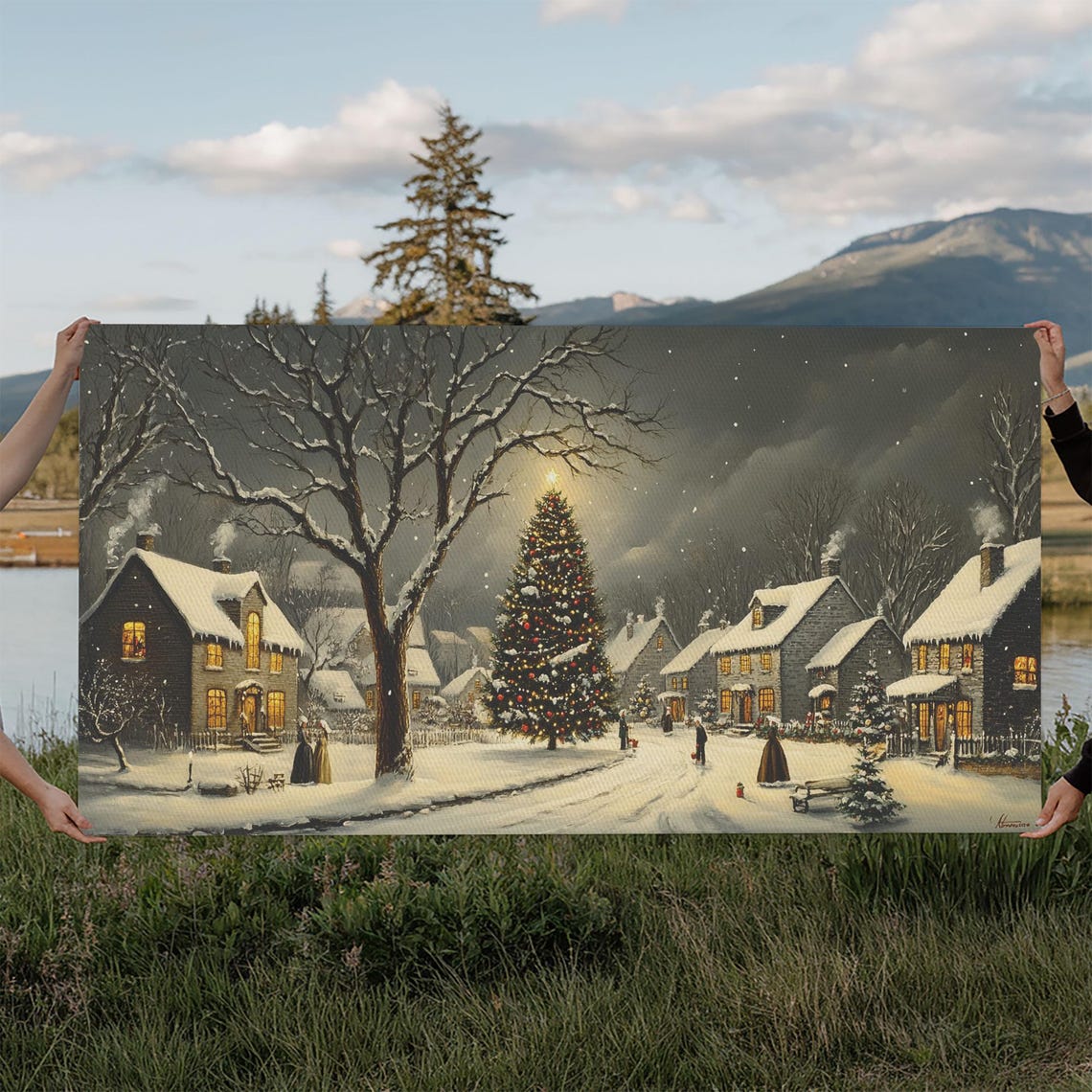 Snowy Christmas Village Night Lit Tree Falling Snow Painting Print - Image 6