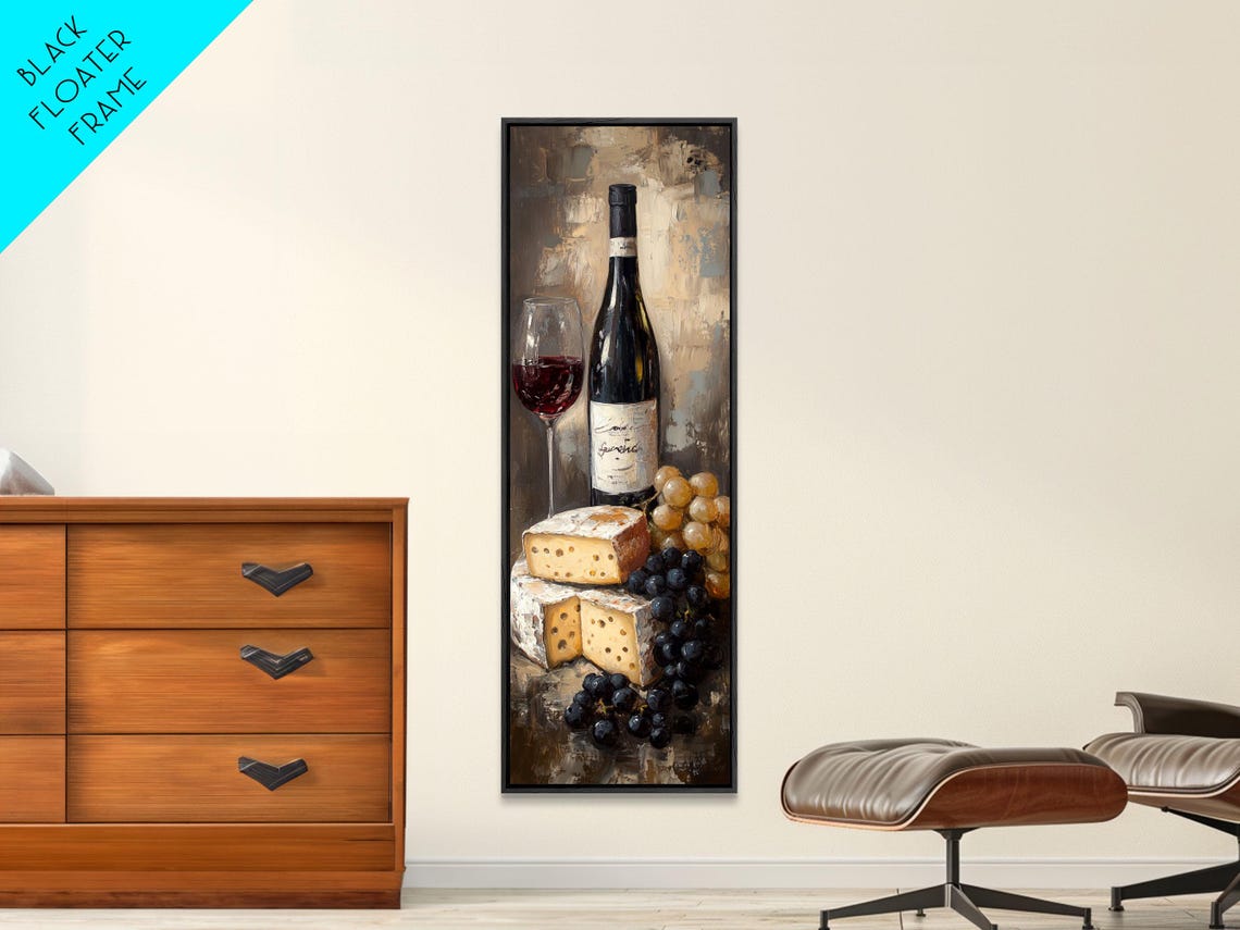 Red Wine Bottle Glass Cheese Grapes Moody Oil Painting Wall Art - Image 2