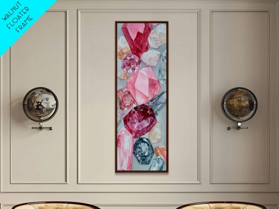 Gemstone Watercolor Painting Framed Print Whimsical Pink Abstract Wall Art Geometric Skinny Vertical Bedroom Art
