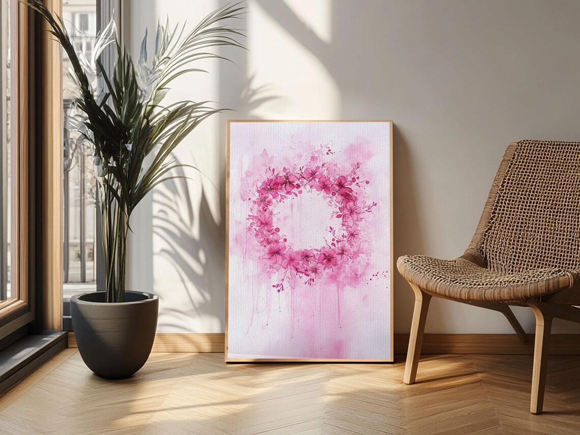 Pink Floral Wreath Watercolor Minimalist Blush Botanical Art Poster