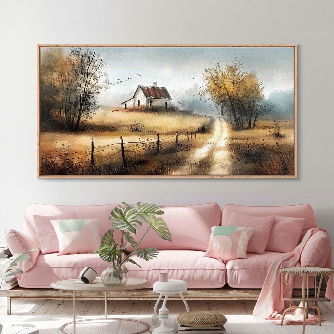 Misty Autumn Farmhouse Golden Field Country Road Watercolor Art Poster - Image 4