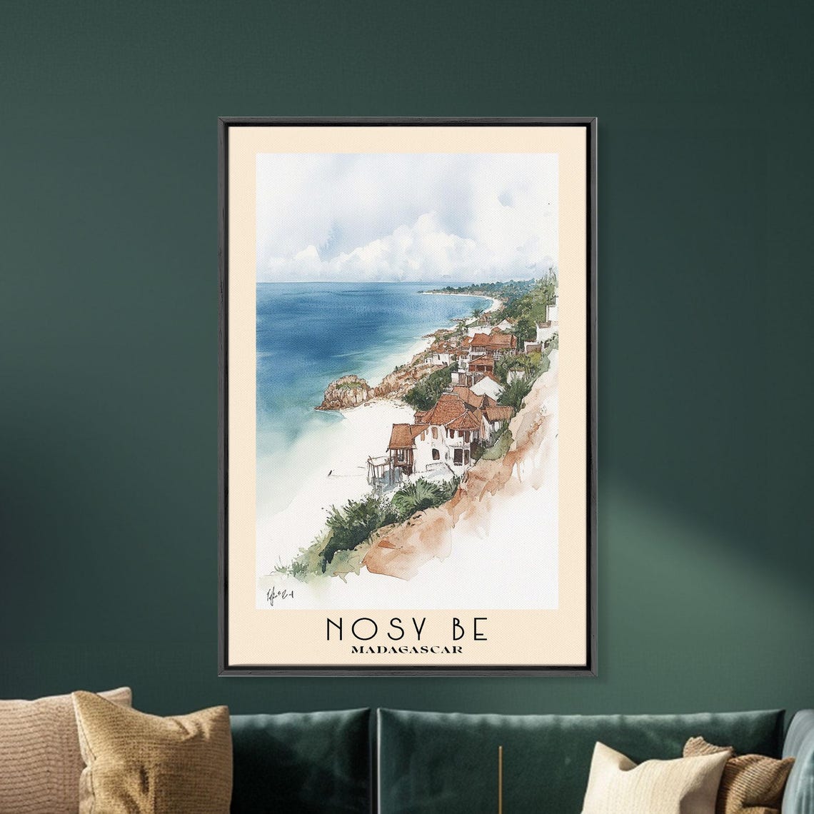 Nosy Be Madagascar Red Roof Coastal Town Cliffside Watercolor Poster - Image 5