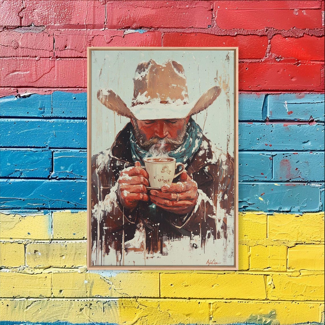 Cowboy Warming Hands On Steaming Mug Snowy Painterly Portrait Poster - Image 3
