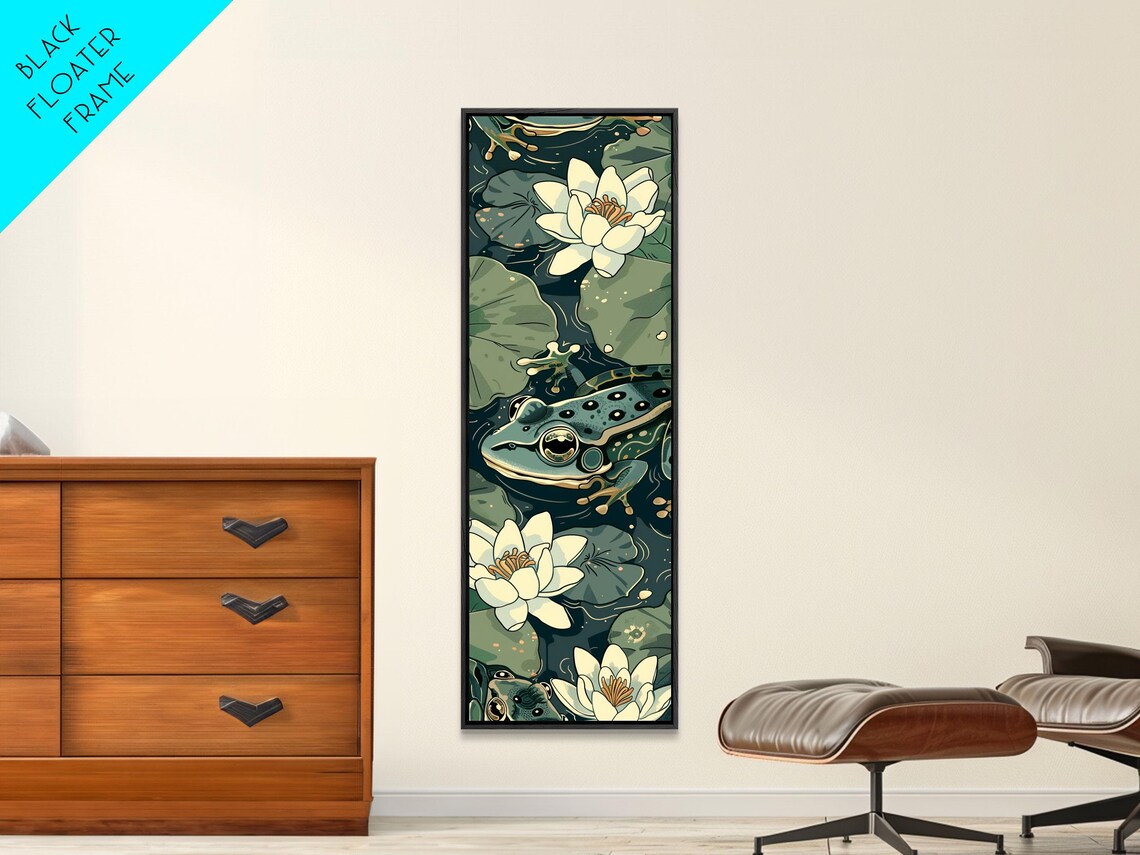 Green Frog Water Lilies Dark Pond Japanese Style Tall Art Poster - Image 4