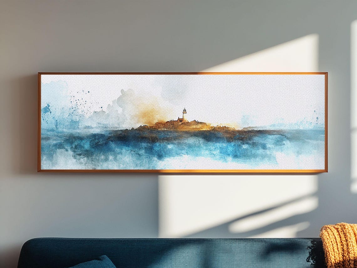 Lighthouse Rocky Island Blue Watercolor Panoramic Coastal Wall Poster - Image 2